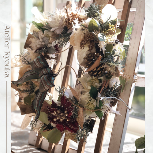 商品名【梓】ゆきこ♥オフホワイトローズの秋冬フラワーリース✳ 玄関リース brugge-flower_fw001