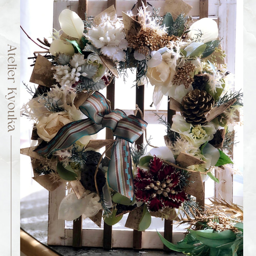 フラワーリース セミオーダー2点     玄関リース 造花 クリスマスリース FlowerKitchen リース Lサイズ ナチュラルリース クリスマス