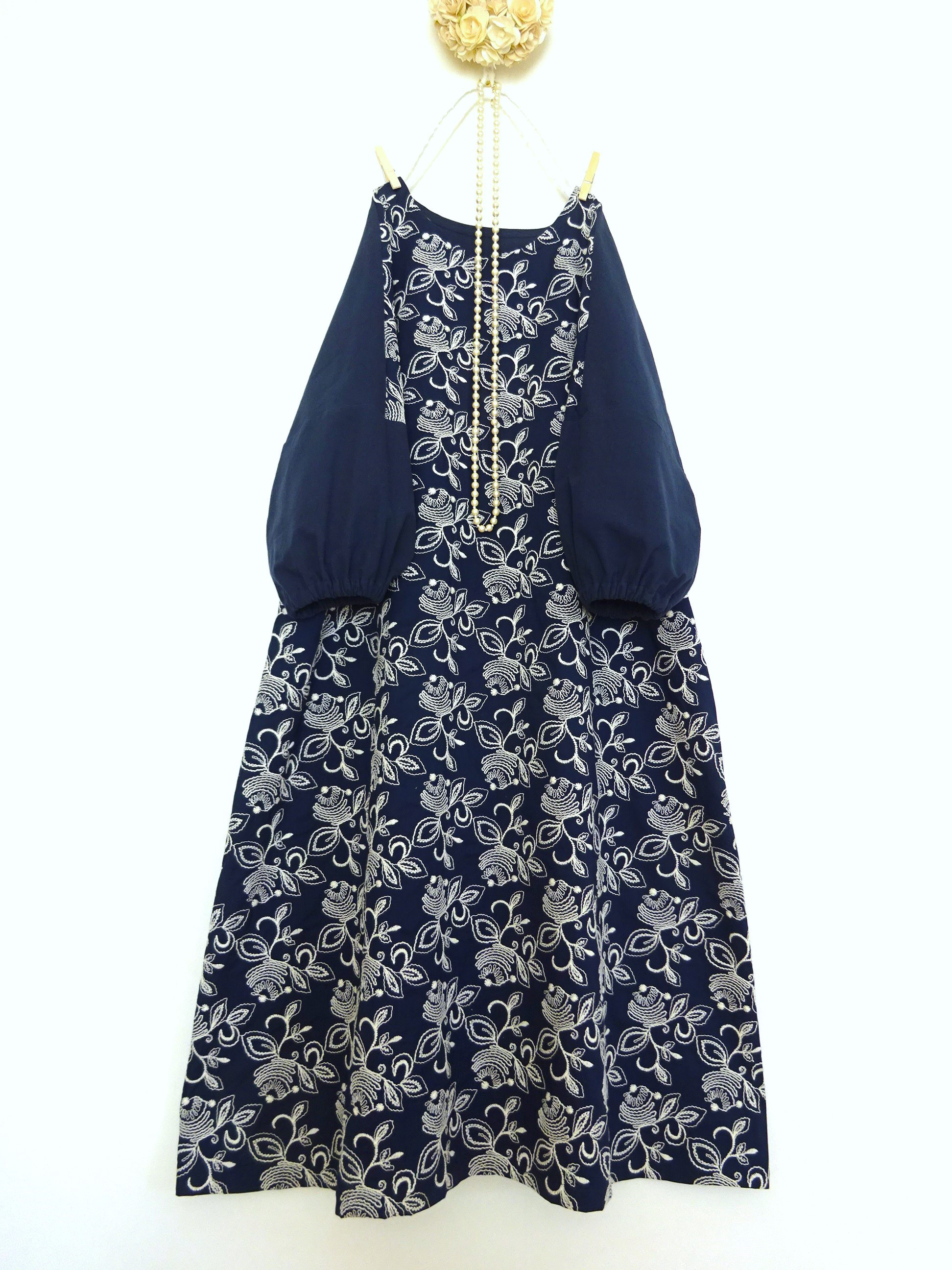 花柄刺繍×ハンドワッシャーコットン紺 Aラインワンピース◆ ネイビー 綿