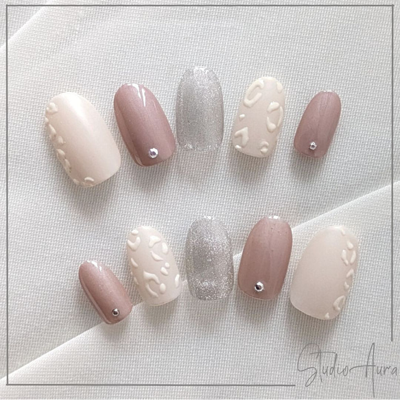 ぷくぷくヒョウ柄×グレージュ_012 ネイルチップ（つけ爪） Nailshop