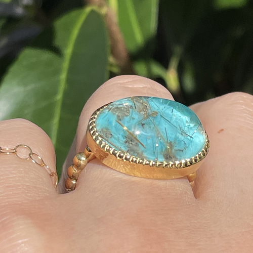 ルチルクォーツ × パイライトターコイズ OVカボ ミル打留 ダブレット