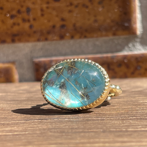 ⚪︎専用品⚪︎ゴールドインクォーツのチャームとパイライトクォーツ ルチルクォーツ × パイライトターコイズ OVカボ ミル打留 ダブレット