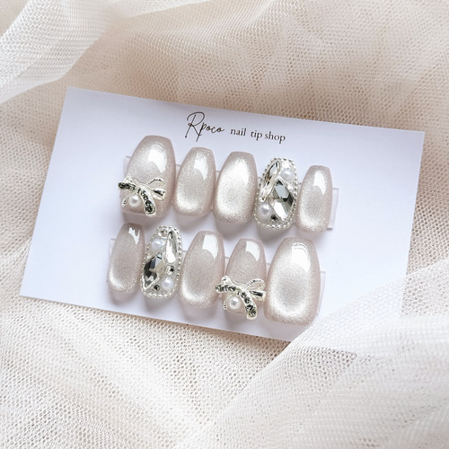 No.1305 マグネット『ピンクグレージュ』シルバーリボンストーン埋め