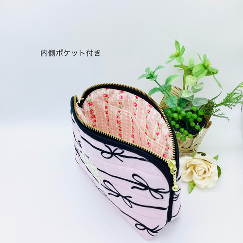 バレエコアマルチポーチ☆ストライプリボン&花柄 内ポケット付き