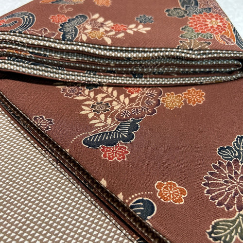 230号 半幅帯 紅型 茶×鱗小紋 薄茶 正絹 リバーシブル ☆締めやすい  