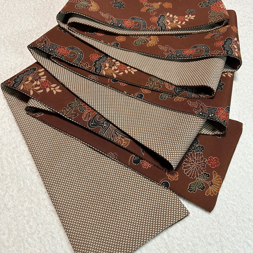230号 半幅帯 紅型 茶×鱗小紋 薄茶 正絹 リバーシブル ☆締めやすい  