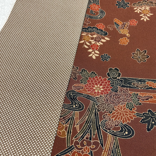 230号 半幅帯 紅型 茶×鱗小紋 薄茶 正絹 リバーシブル ☆締めやすい  