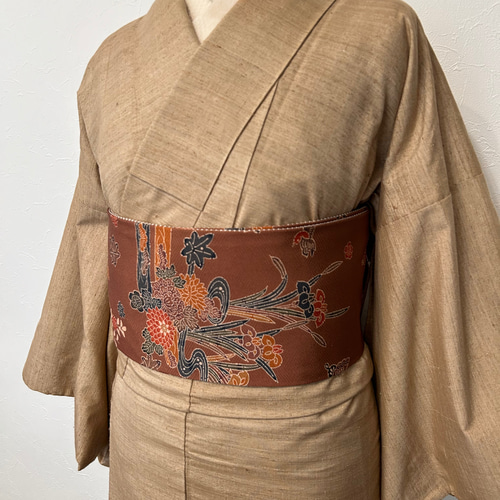 230号 半幅帯 紅型 茶×鱗小紋 薄茶 正絹 リバーシブル ☆締めやすい  