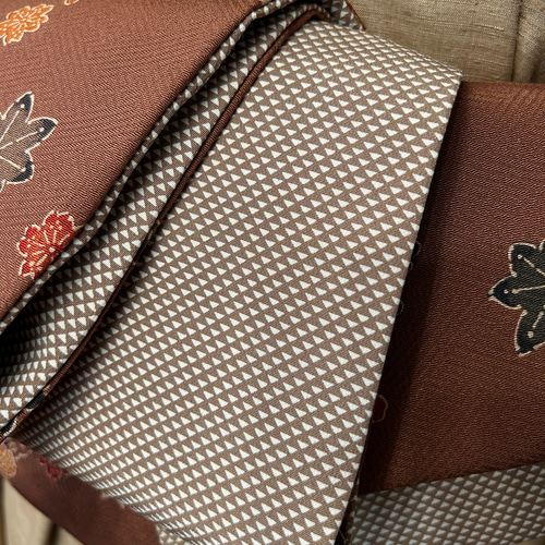 230号 半幅帯 紅型 茶×鱗小紋 薄茶 正絹 リバーシブル ☆締めやすい  