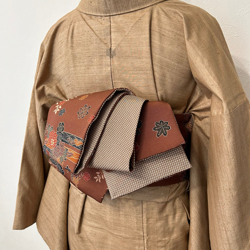 230号 半幅帯 紅型 茶×鱗小紋 薄茶 正絹 リバーシブル