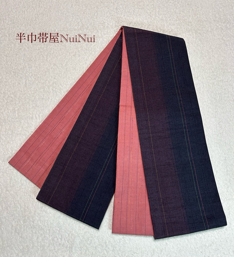 232号 ラスト 半幅帯 本場結城紬 濃い紫×白山紬 ピンク 正絹  