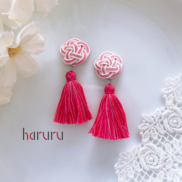 ☆❤️ ピアス　水引　イヤリング　和装　　タッセル　着物 水引とタッセルのピアス イヤリング 【ピンク】成人式 振袖 卒業