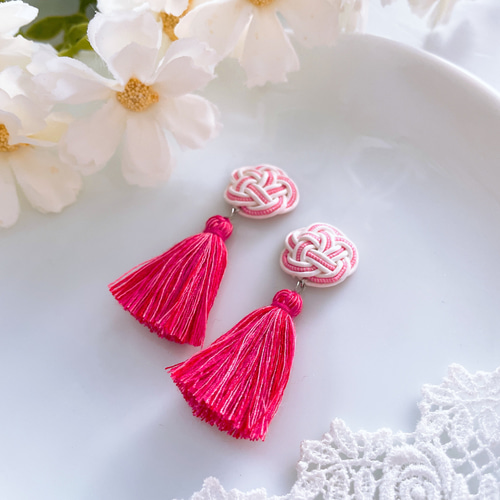 ☆❤️ ピアス　水引　イヤリング　和装　　タッセル　着物 水引とタッセルのピアス イヤリング 【ピンク】成人式 振袖 卒業式 袴