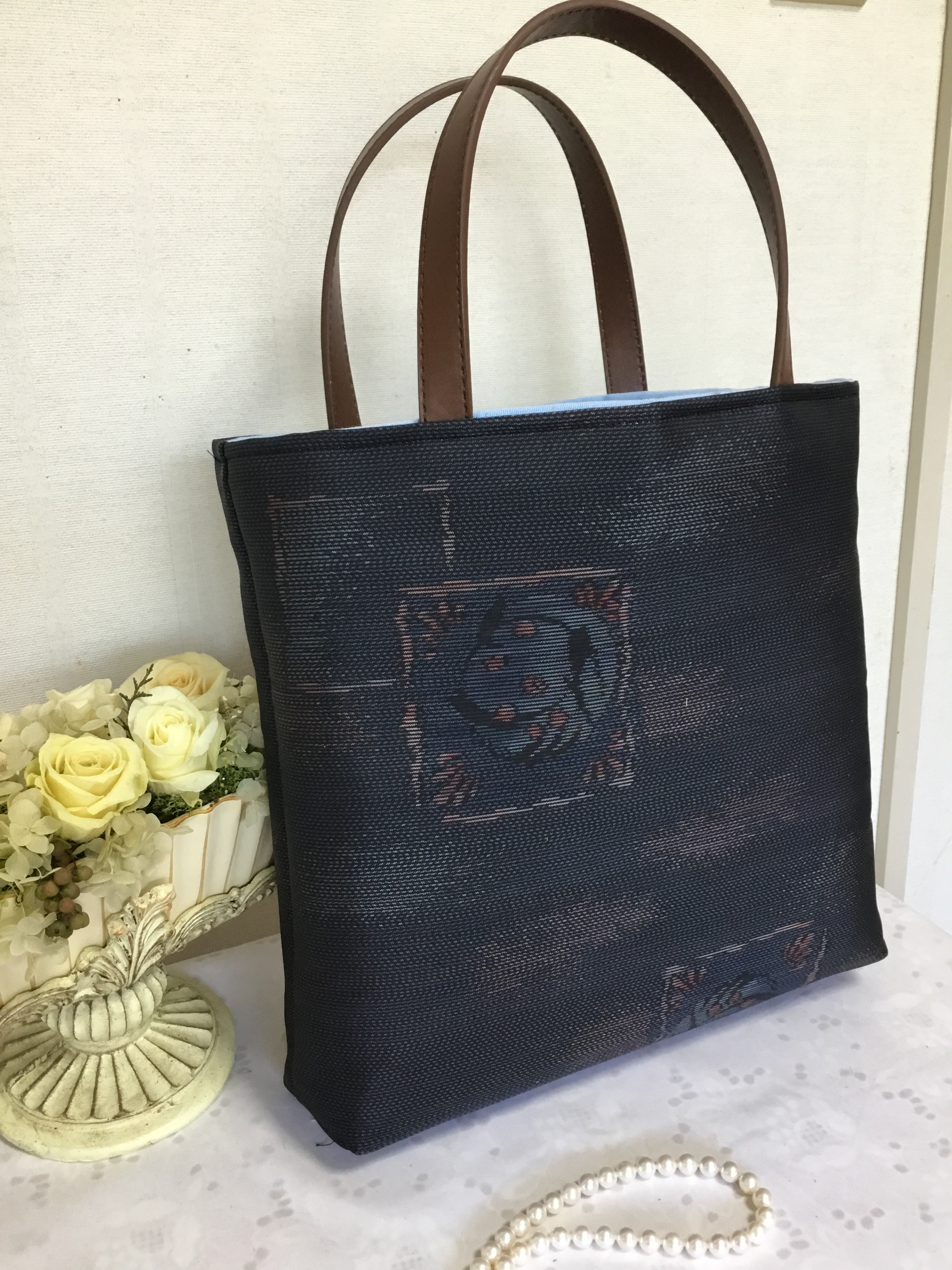 超特価セール開催！！ 花ぷらら・オリジナル・大島紬・1点もの・グレー&黒 バッグ