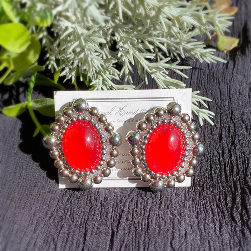No.129【シルバー×レッド】 ビーズ刺繍ピアスorイヤリング ピアス 