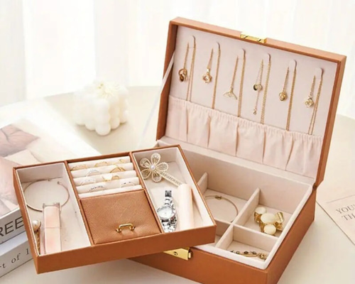 ジュエリーボックス２個+アクセサリー 鍵付 ジュエリーボックス 2段 フェイクレザー ネックレス ピアス