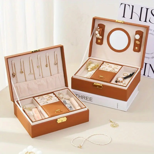 鍵付 ジュエリーボックス 2段 フェイクレザー ネックレス ピアス