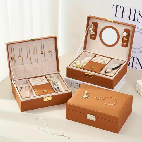 鍵付 ジュエリーボックス 2段 フェイクレザー ネックレス ピアス