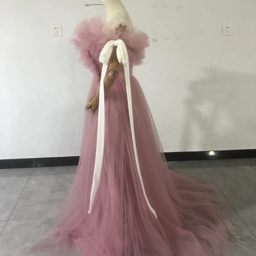 カラードレス ピンク オフショルダー プリーツスカート リボン 可愛い  