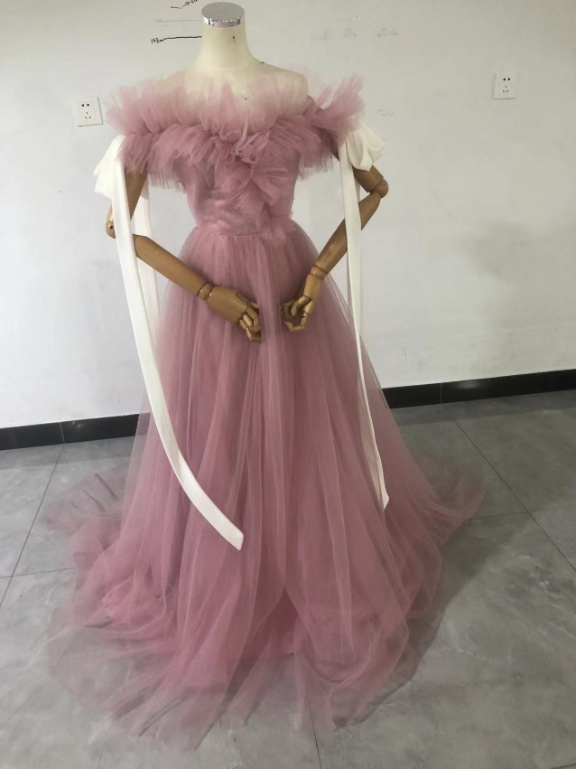 カラードレス ピンク オフショルダー プリーツスカート リボン 可愛い 前撮り