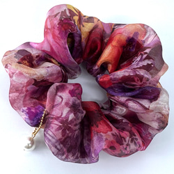 シュシュ/ワインレッド/花柄オーガンジー・サテン/パール付き シュシュ