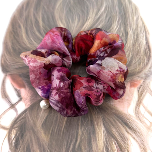 シュシュ/ワインレッド/花柄オーガンジー・サテン/パール付き シュシュ