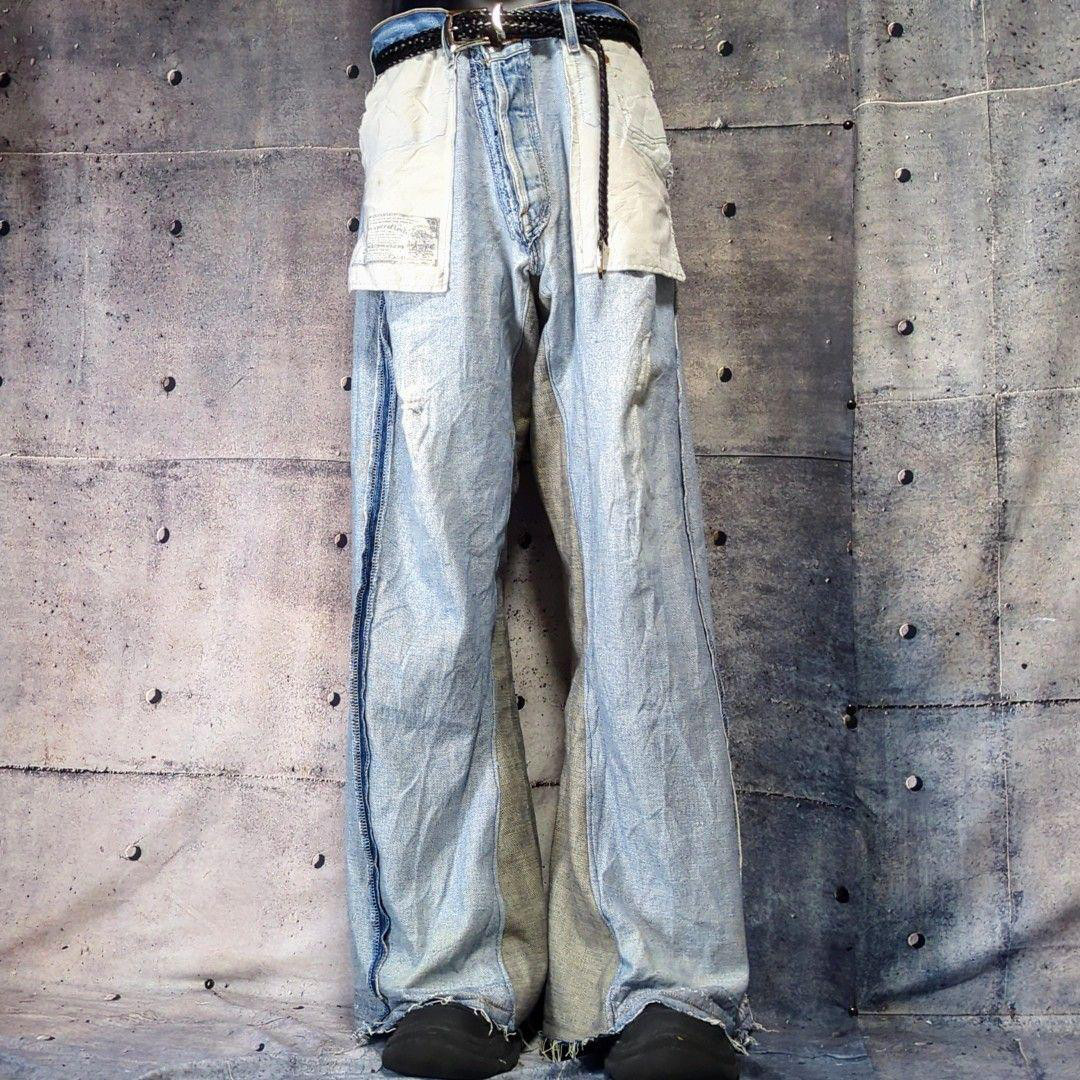 ①オリジナル リメイク ウールモヘア ワイドフレア ハカマスラックス ドッキング Wide Flare 1tuck slacks/ワイドフレアワンタックスラックス