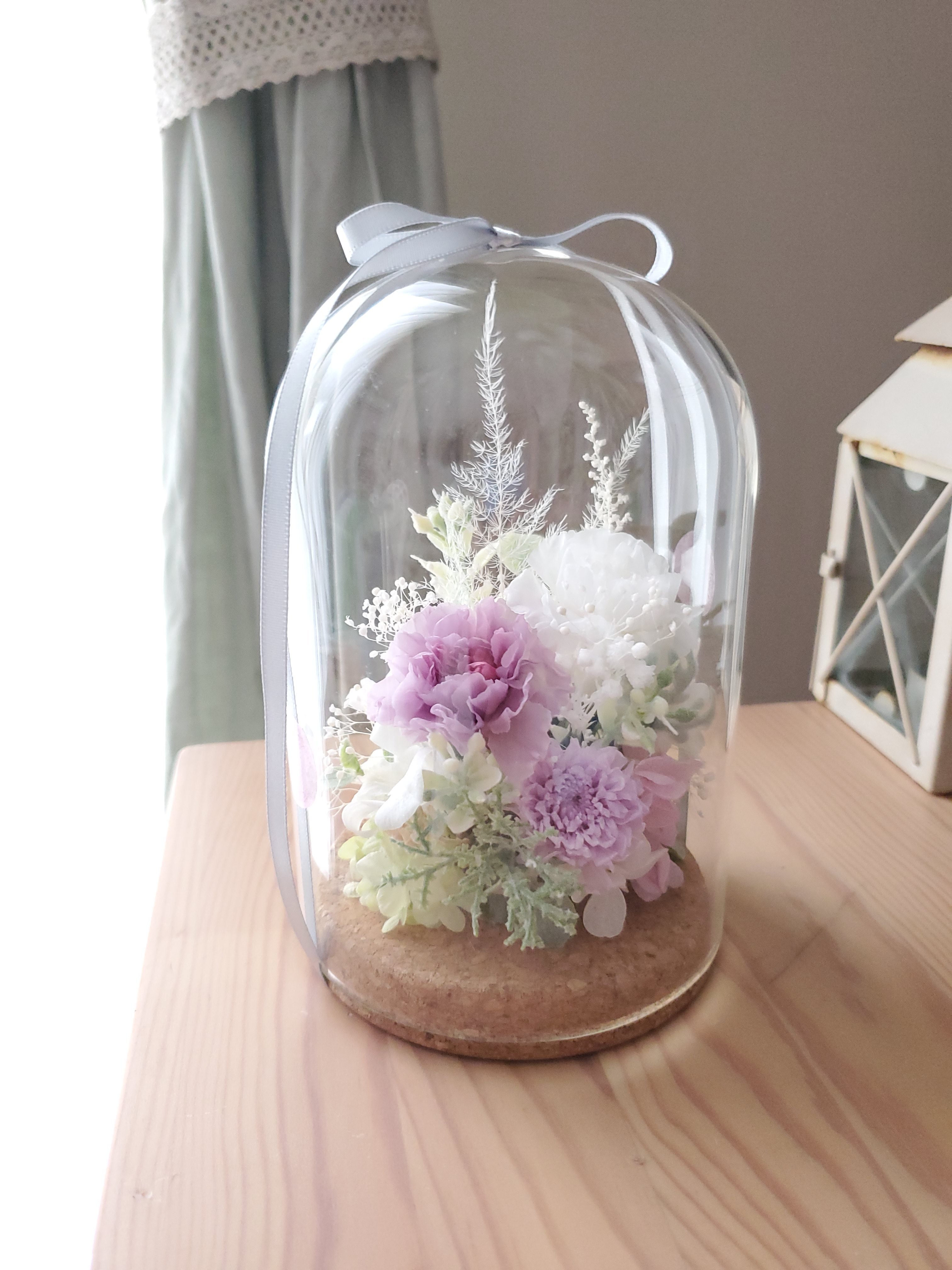 プリザーブドフラワーアレンジメント(in dome)＊ラベンダー色＊お供え・インテリア・ギフト【在庫あり】16×10㎝