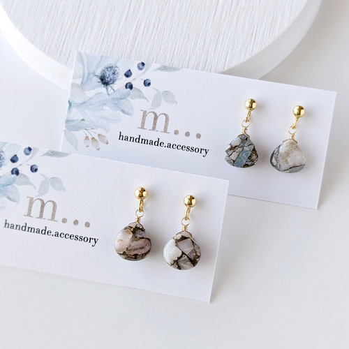 天然石雫型コッパーピンクオパールのシンプルピアス 14kgf