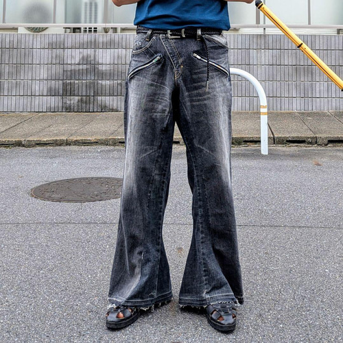 Aオリジナル リメイク デニム ワイドフレア ジーンズ ドッキング