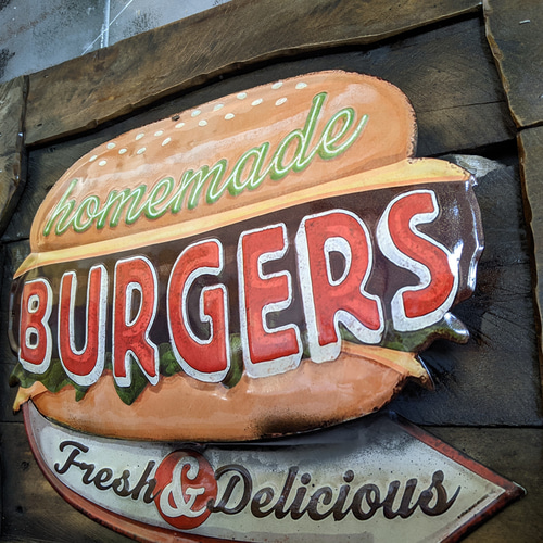 【在庫あり/即出荷可】 アメリカンダイナー BURGERS 壁掛け看板 立体式 ハンバーガー その他