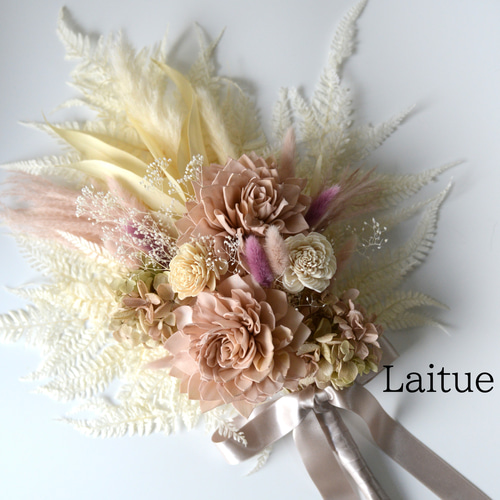 ウェディングブーケ ブートニア付き くすみピンク ドライフラワー