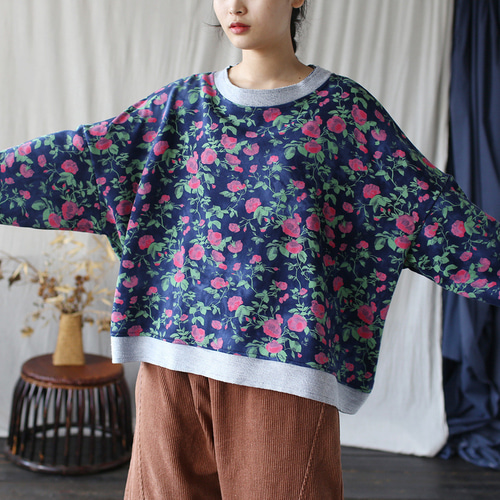 春秋 上着 花柄 2色 お洒落なデザイン Tシャツ・カットソー レディース
