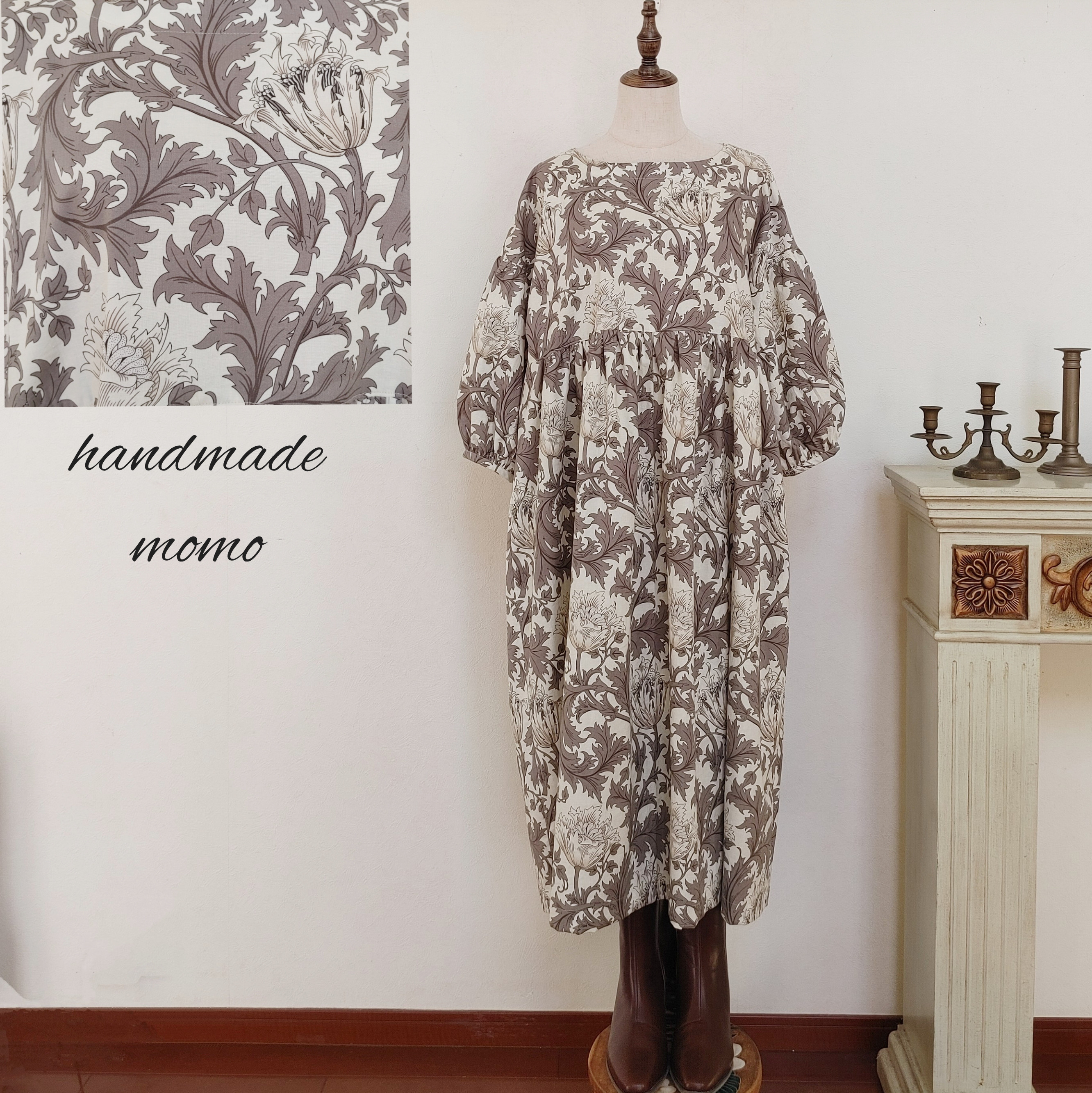 ウィリアムモリス生地、ブルーアネモネ柄七分袖ワンピース、ハンドメイド ウィリアムモリス生地、ブルーアネモネ柄七分袖ワンピース