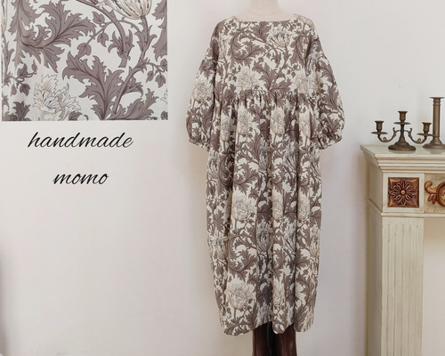 ウィリアムモリス生地、ブルーアネモネ柄七分袖ワンピース、ハンドメイド ☆受注制作☆ウィリアムモリス☆アネモネ☆フリル襟とバルーン袖