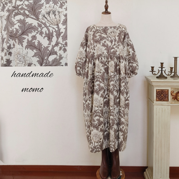 ウィリアムモリス アネモネ ギャザーワンピース白八分袖free  