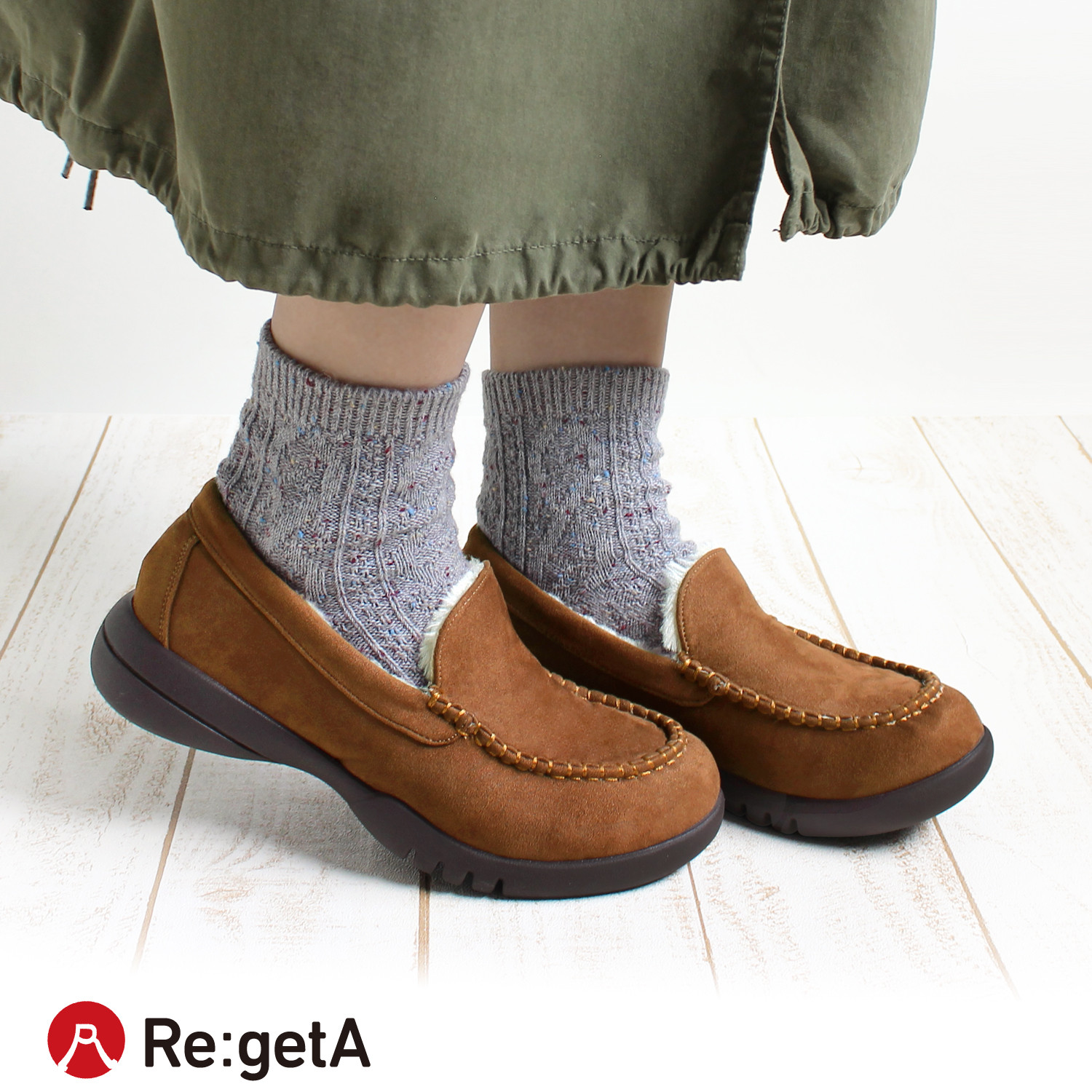 ファー モカシンシューズ スウェード調 レディース 歩きやすい 履きやすい リゲッタ Re:getA R-335