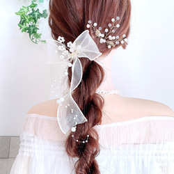 パール シアーリボン Uピン ヘアアクセサリー ヘッドドレス 結婚式 ヘアリボン オーガンジーリボン 3枚目の画像
