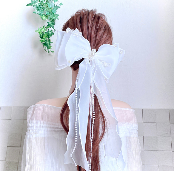 パール シアーリボン Uピン ヘアアクセサリー ヘッドドレス 結婚式 ヘアリボン オーガンジーリボン 14枚目の画像