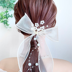 パール シアーリボン Uピン ヘアアクセサリー ヘッドドレス 結婚式 ヘアリボン オーガンジーリボン 6枚目の画像