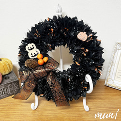 ハロウィン布リース（ブラック＆オレンジ） 1枚目の画像