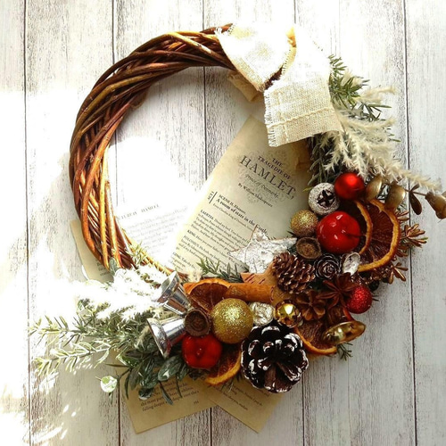 2.リボンハーフリース クリスマスリース(ホワイトゴールドリボン)/ハーフリース/ドアリース