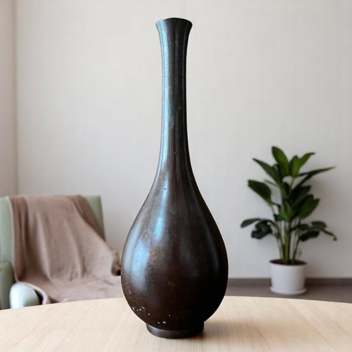 大正～昭和期】銅製 鶴首一輪挿し花器｜高さ21cm｜茶銅色／シンプルで