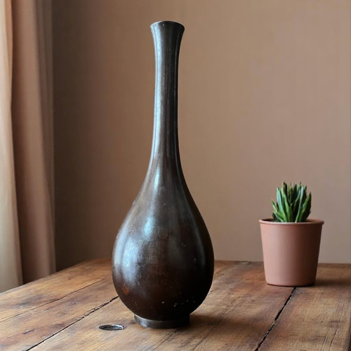 大正～昭和期】銅製 鶴首一輪挿し花器｜高さ21cm｜茶銅色／シンプルで