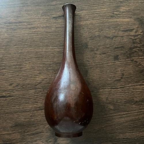 大正～昭和期】銅製 鶴首一輪挿し花器｜高さ21cm｜茶銅色／シンプルで