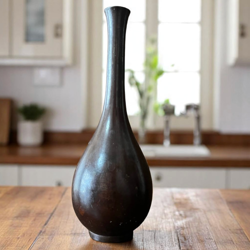 大正～昭和期】銅製 鶴首一輪挿し花器｜高さ21cm｜茶銅色／シンプルで