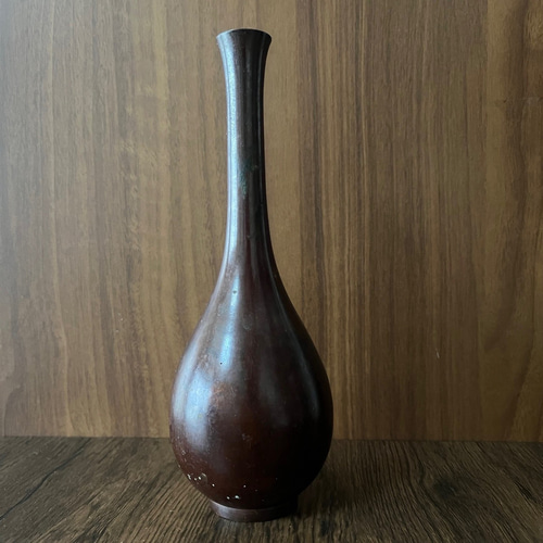 大正～昭和期】銅製 鶴首一輪挿し花器｜高さ21cm｜茶銅色／シンプルで