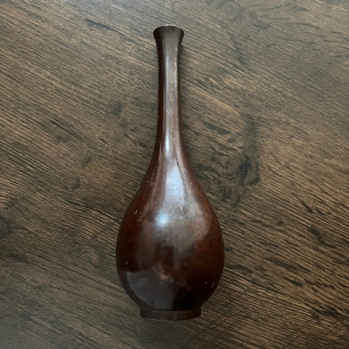 大正～昭和期】銅製 鶴首一輪挿し花器｜高さ21cm｜茶銅色／シンプルで