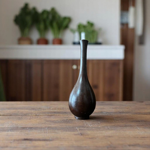 大正～昭和期】銅製 鶴首一輪挿し花器｜高さ21cm｜茶銅色／シンプルで