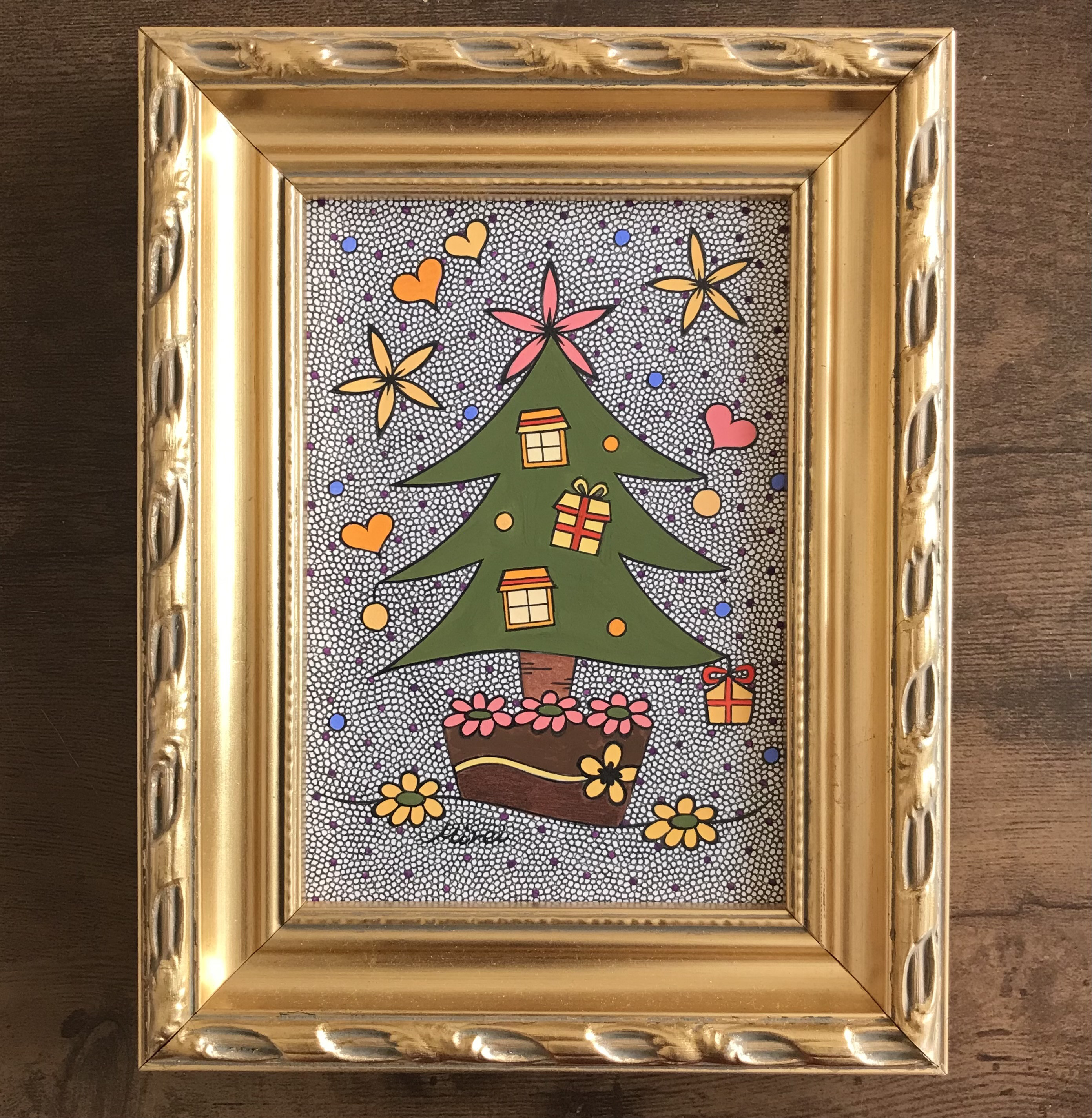 額縁クリスマスツリー　アクリル画　24㎝　原画　絵画　手描き額縁アート
